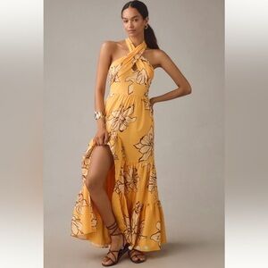 Anthropologie Hutch Floral Halter Maxi Dress Size 12 Yellow Maize
